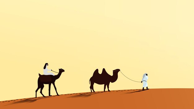 Vector a caravan of camels with people walking along the desert sand. a man rides a camel. the second person leads the camel over the leash. vector eps10.