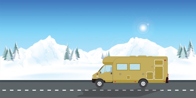 Caravan car vacation in winter holiday trip