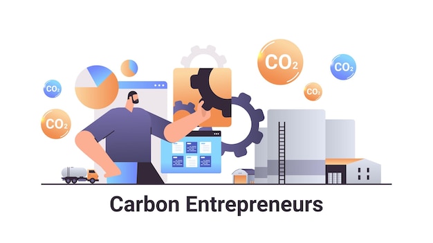 carbon credit concept businessman entrepreneur rotating cogwheel responsibility of co2 emission environment strategy sustainable ESG development horizontal vector illustration