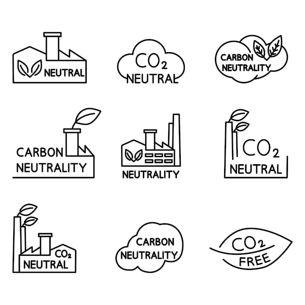 Carbon neutral. Set of CO2 recycling icons. Eco factory symbol. Net zero carbon footprint. No air atmosphere pollution. Editable stroke. Vector