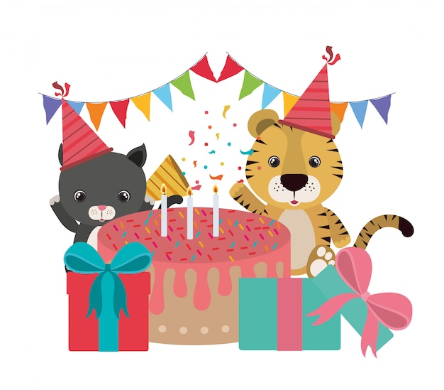 Card of birthday celebration with animals