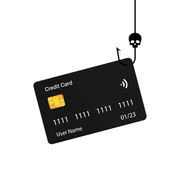 Card fishing concept illustration Credit card on fishing hook isolated on white background Internet hacking Data fraud Card fraud concept Virtual money robbery Vector graphic EPS 10