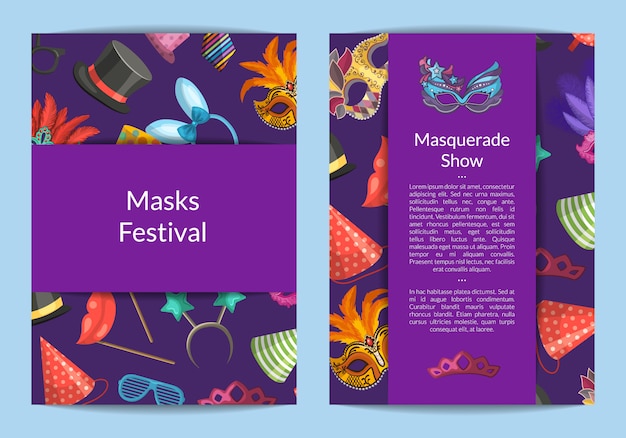 card or flyer templates set with masks and party accessories and place for text illustration