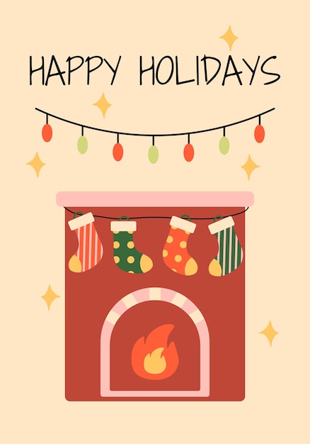 Card Happy Holidays with garland socks on the fireplace and text