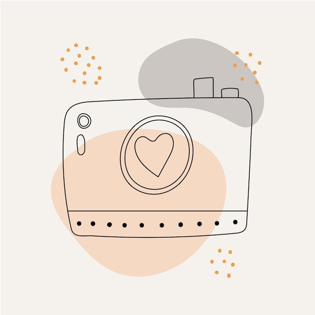 Card line icon photo camera with heart spots and dots Valentine's day elements and wedding doodles