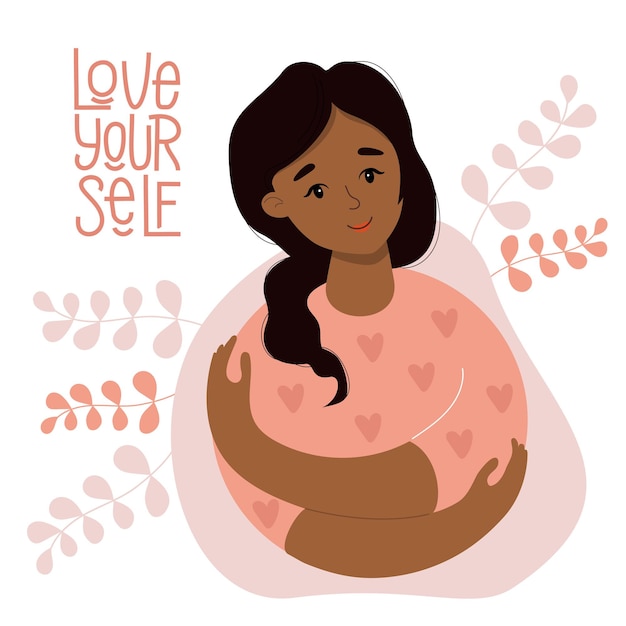 Card Love yourself Beautiful ethnic woman hugging herself Vector