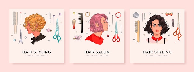 Card set with woman portraits with hairstyle variations and hairdresser elements