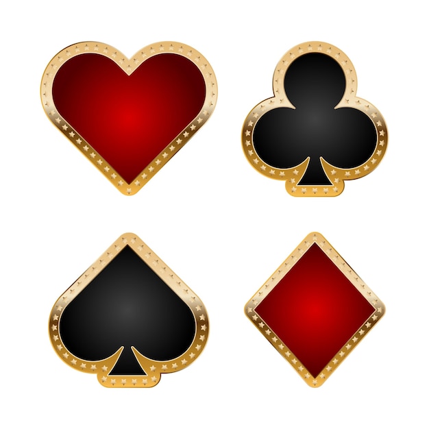 Card suits icon set for casino with golden border and stars