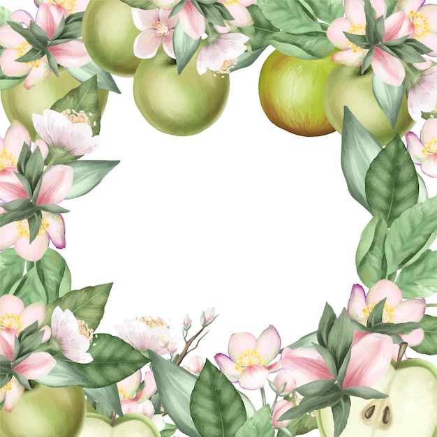 Card template frame of blooming apple tree branches flowers and green apples