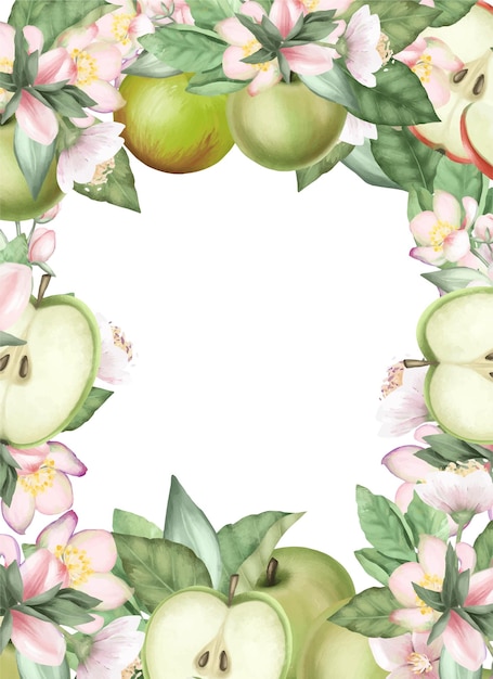 Card template frame of blooming apple tree branches flowers and green apples