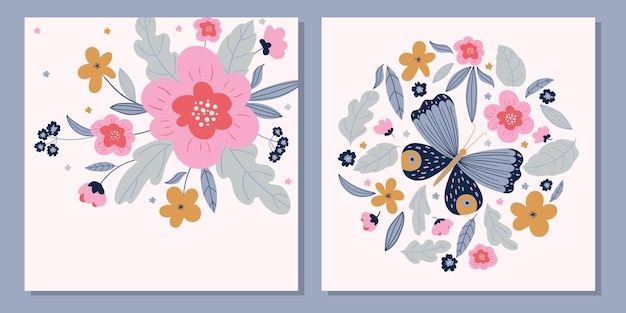 Card template with flowers and butterfly on a light pink background