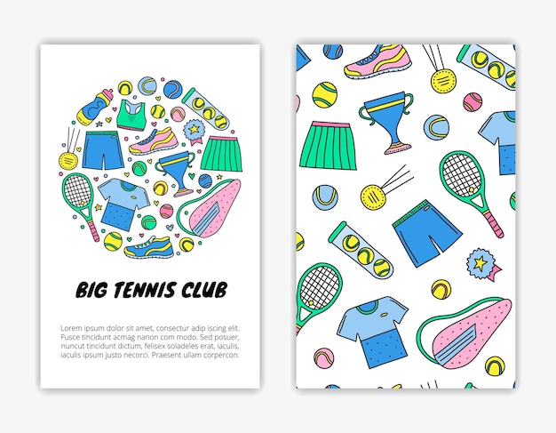 Vector card templates with big tennis and sport items