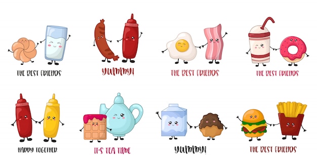 Card templates with cartoon kawaii food characters