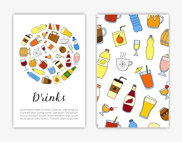 Card templates with doodle drinks