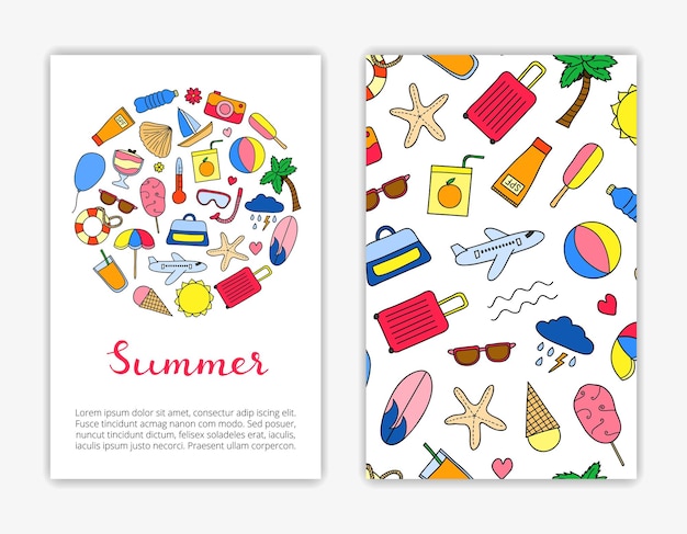 Card templates with doodle summer items