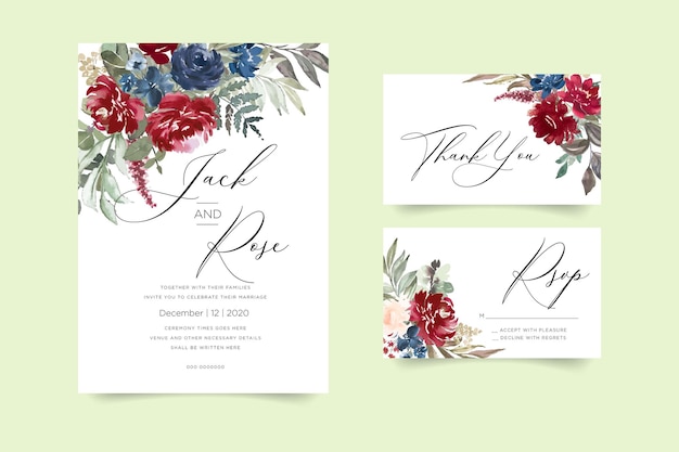 Card Watercolor invitation design with burgundy and red roses leaves flower