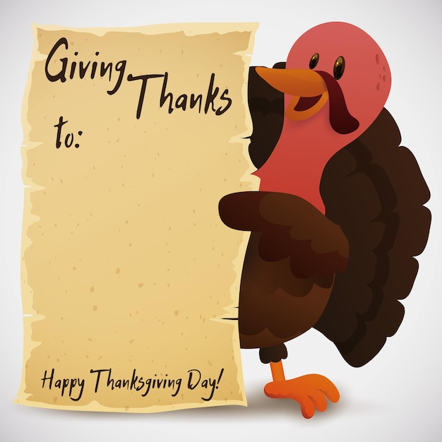 Card with blank space to give thanks in the scroll and cute turkey for Thanksgiving Day celebration