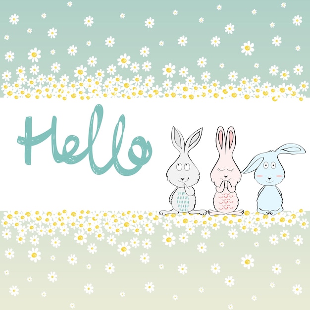 Card with cartoon rabbits in bright colors