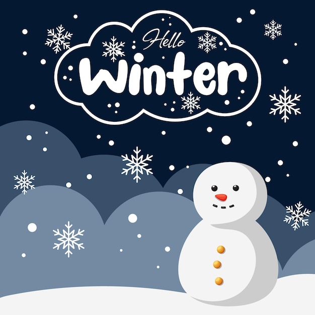 Card with cartoon snowman and lettering Hello winter Congratulations on the beginning of winter