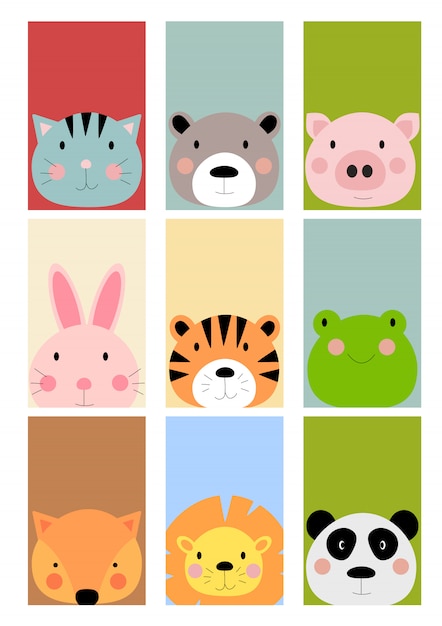 Card with Cute hand drawn animals characters collection set. Cartoon zoo animals hare, tiger, frog, fox, lion, panda, cat, bear, pig