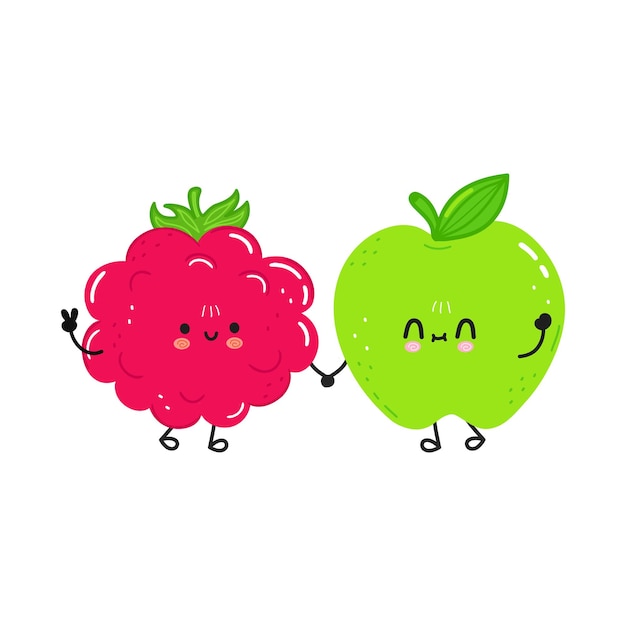 Card with cute happy green apple and raspberries