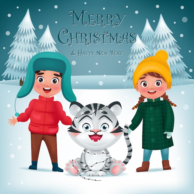 card with cute kids and little tiger symbol of 2022 year on winter background vector illustration