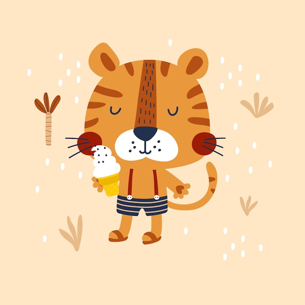 Card with cute tiger kids print Vector illustrations