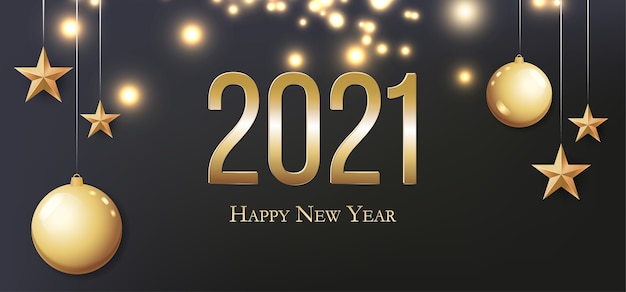 Card with greeting 2021 Happy New Year. Illustration with gold Christmas balls, light, stars and place for text. Flyer, poster, invitation or banner for New Year's 2021 Eve Party celebration.