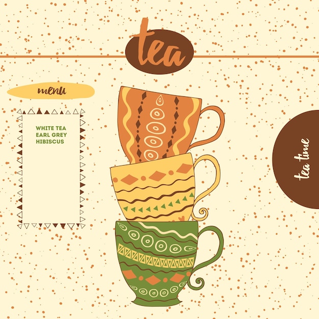 Card with sketched tea cups for menu design or web template Hand drawn colored mugs