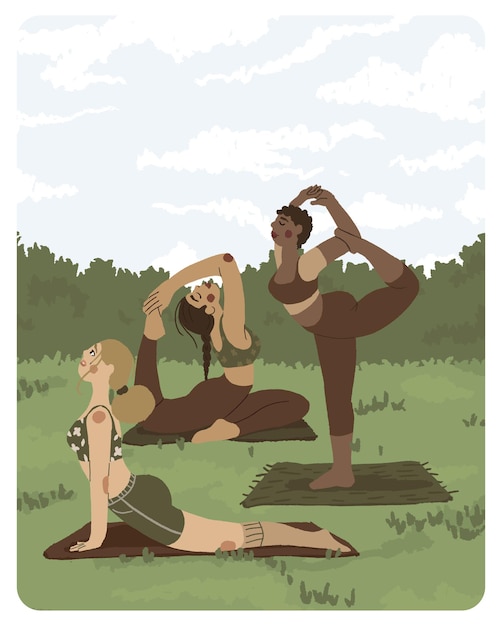 Card with women of different races doing yoga spot in nature A group of young women performs sports exercises in the park Vector illustration