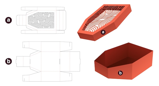 Cardboard boat shaped box with stenciled curved pattern lid die cut template and 3D mockup