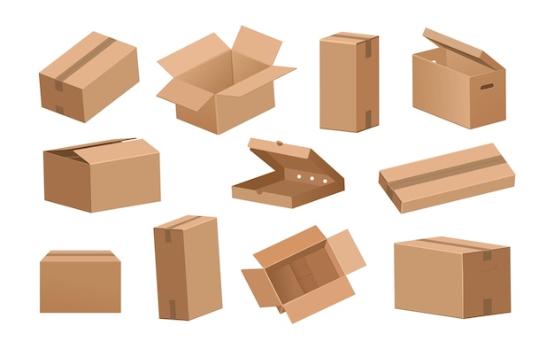 Cardboard box Cartoon 3D delivery packages and parcels for shipping or transportation Brown opened and closed recycling paper containers mockup Vector empty storage packaging set