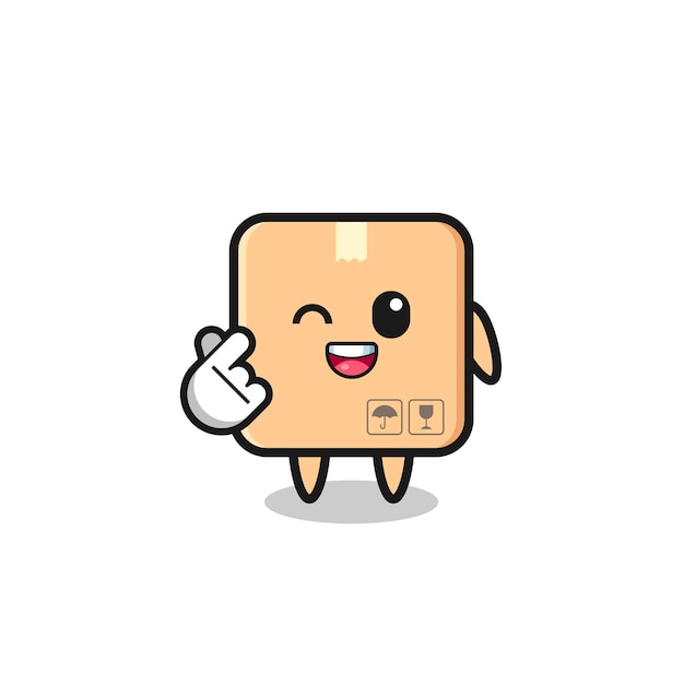 Cardboard box character doing Korean finger heart