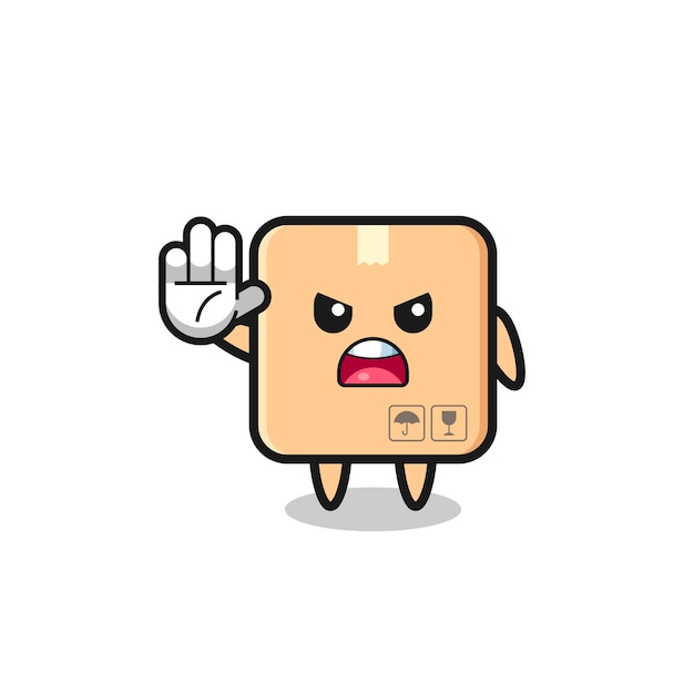 Cardboard box character doing stop gesture