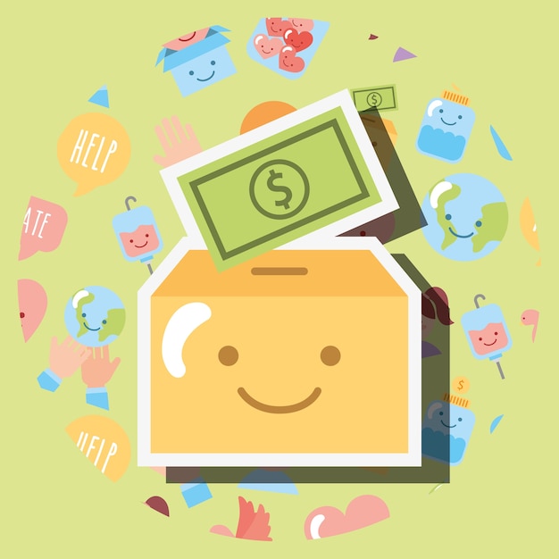 cardboard box with banknote dollar kawaii charity