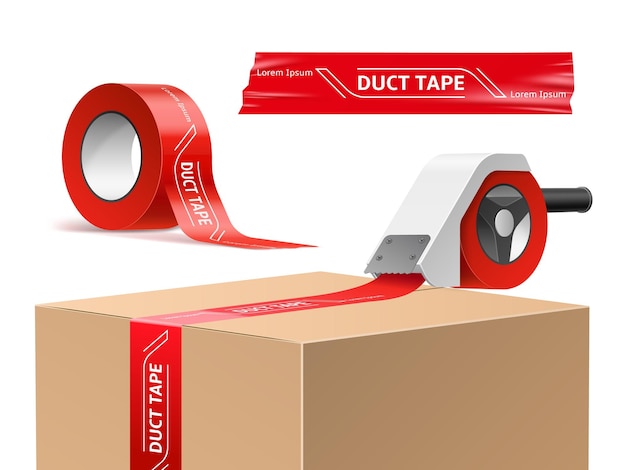 Vector cardboard box with tape realistic packaging sealing process with branded red tape with inscriptions roll holder delivery container warehouse object post package utter vector concept