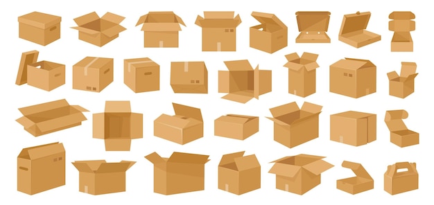 cardboard boxes carton delivery boxes open and closed shipping package flat vector illustration set