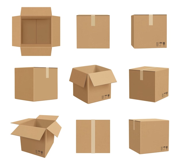 Cardboard boxes. Deliver craft packages front and side view decent vector realistic illustrations. Box empty, cardboard mock up isometric