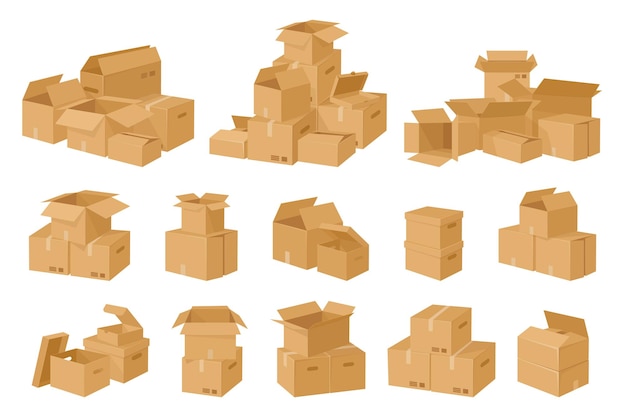 Cardboard boxes stack Carton delivery packages pile warehouse storage parcels stacked cargo shipping cardboard boxes flat vector illustration set Parcels pile collection