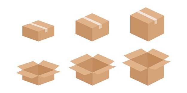 Cardboard boxes vector set. Open and closed box. Carton delivery packaging box.