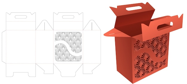 Cardboard handle box with stenciled Japanese pattern die cut template and 3D mockup