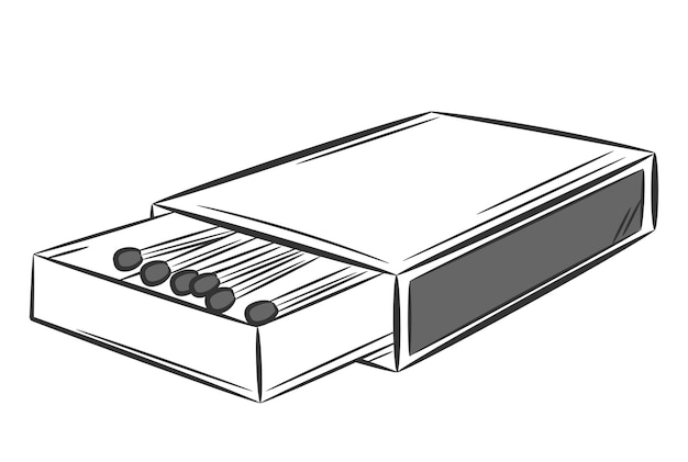 Cardboard matchbox with matches. Doodle sketch style. A simple line drawing of a box.