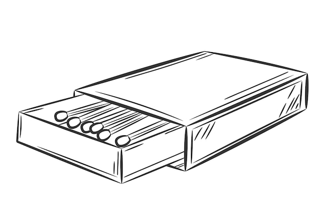 Cardboard matchbox with matches. Doodle sketch style. A simple line drawing of a box.