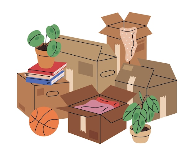 Vector cardboard moving boxes stacked cargo boxes with clothes books and potted plants flat vector illustration house moving stuff packages on white