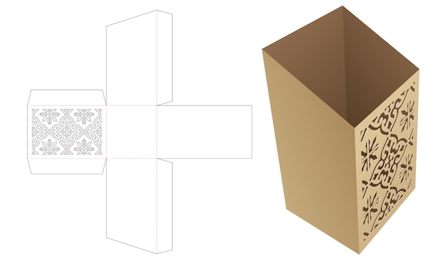 Cardboard sloped stationery box with stenciled die cut template and 3D mockup