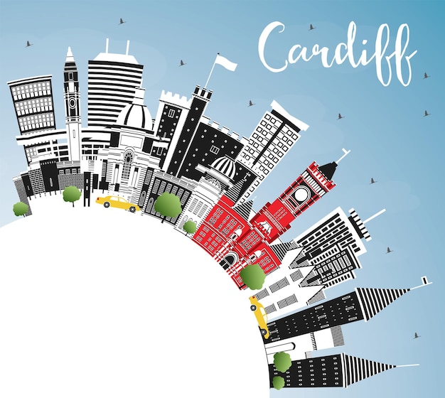 Cardiff Wales City Skyline with Color Buildings Blue Sky and Copy Space Vector Illustration Cardiff UK Cityscape with Landmarks