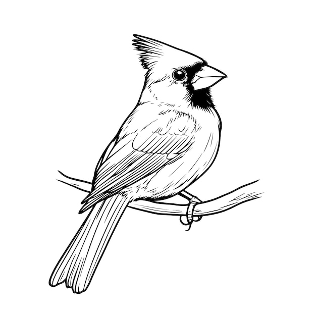 Vector cardinal bird perched on a branch in black and white line art a detailed black and white illustration of a cardinal bird sitting on a branch showcasing elegant line work