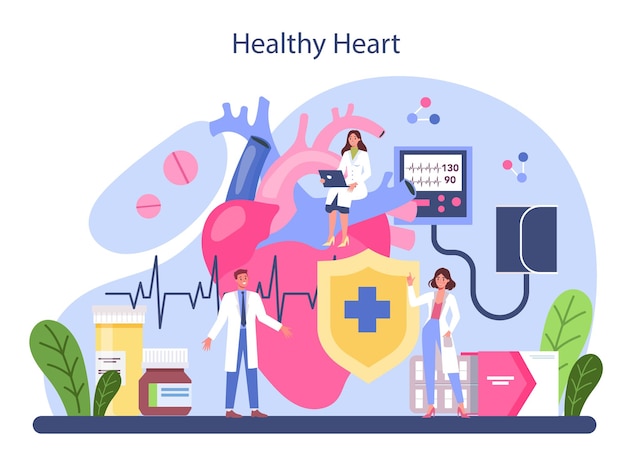 Cardiologist concept Idea of heart care and medical diagnostic Doctors treat heart disease Cardiology and circulatory system treatment Flat vector illustration