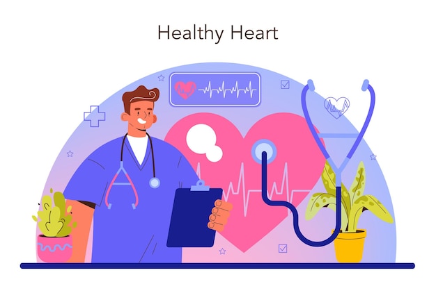 Cardiologist concept. Idea of heart medical diagnostic and treatment. Doctors curing hypertension, hypotension or other heart diseases. Flat vector illustration