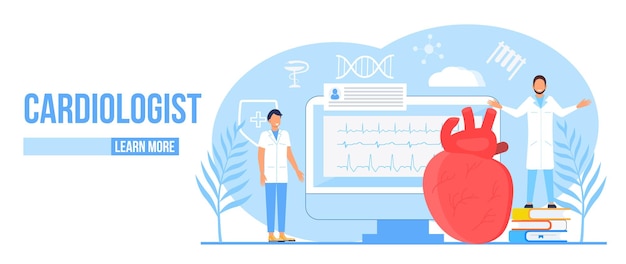 Cardiologist concept vector Hypotension and hypertension disease illustration for cardiology homepage Symptoms prevention blood pressure Tiny doctors treat heart